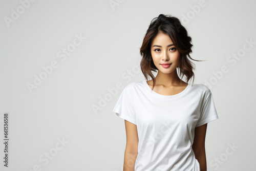 Beautiful dark-haired asian woman in t-shirt isolated on white background