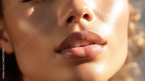 Close-up of glossy lips and skin in sunlight.