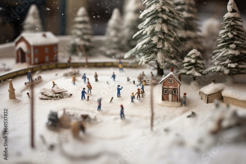 Winter football scene on a snow-covered table with toy miniatures, adorned for the holiday season. Generative AI