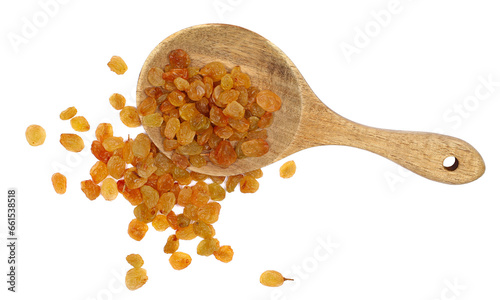 Pile of raisins in wooden spoon isolated on white, top view 
