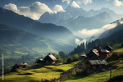 Rural settlement amidst Carpathian peaks. Generative AI