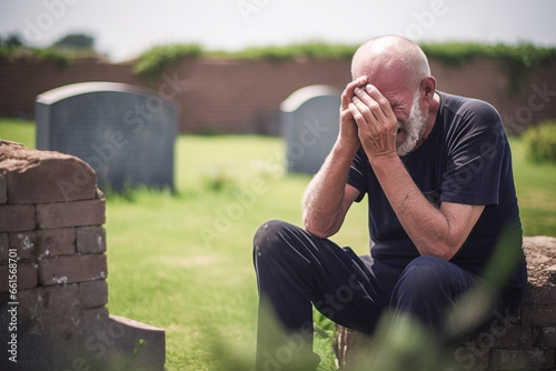 Mourning man crying at a grave in cemetery.