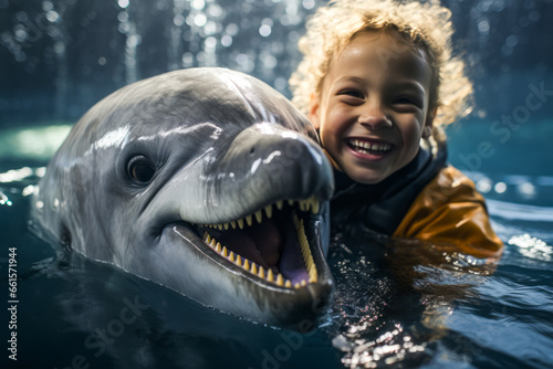 Little girl swimming joyfully with dolphin.