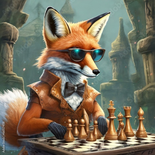 Zorro con gafas de sol y traje jugando al ajedrez