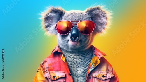Photo cool kawaii koala glowing colorful generative ai