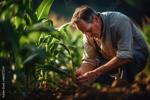 The farmer examining of corn on green farm at sunset, AI Generated