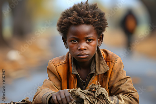 Sad children on a destroyed city by war 