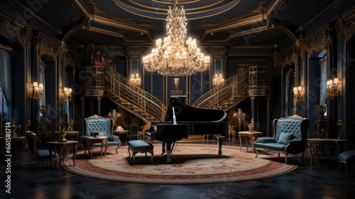 Harmony of luxury: An opulent space featuring a grand piano, vintage folding screen, and an exquisite chandelier