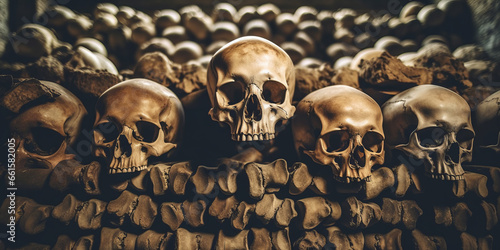 human skulls and bones of people killed in war in crypt burial in cemetery.generative ai
