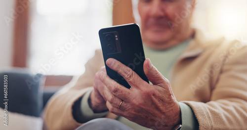 Smartphone and hands of senior man typing online on internet search in retirement home. Phone, elderly person ecommerce and scroll on health website, communication or social media