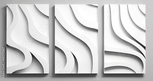 A set of fluid abstract canvases with voluminous curved lines with shadow, white and black design