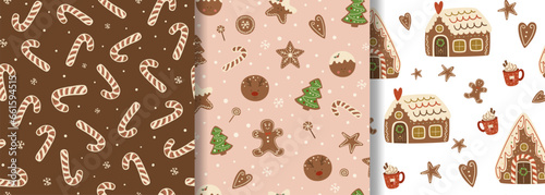 Christmas dessert seamless pattern set. Gingerbread house, cookies, pastry on pink. Vector repeat background. Tasty Christmas dessert print, surface design, wallpaper, fabric, wrapping paper, package.