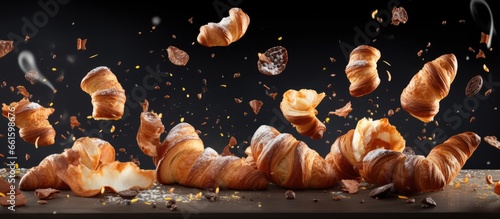 Flying sweet pastries and freshly baked croissant Dessert treats
