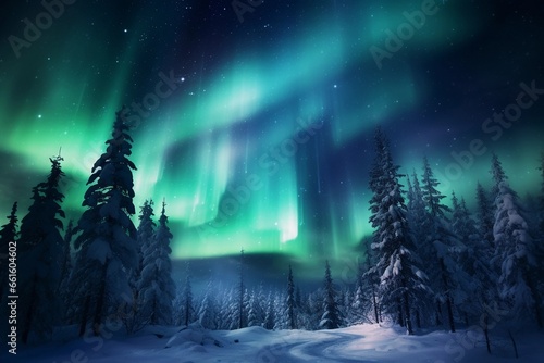Northern lights in the forest. Aurora Borealis. Beautiful winter night landscape.