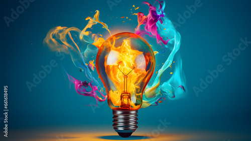 Creative light bulb explodes with colorful paint and splashes on blue background. Creative idea, creativity, think differently and productivity concept