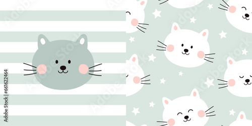 Cute cat card and seamless pattern. Backgrounds for children with cats and stars. Vector illustration. It can be used for wallpapers, wrapping, cards, patterns for clothing and others.