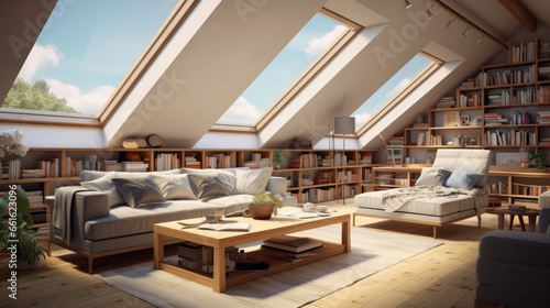 modern attic is bright and airy and featuring skylights and exposed beams and and a cozy seating area