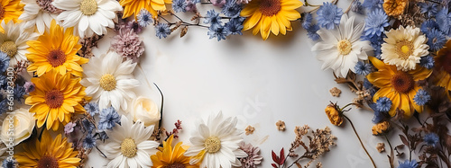 Floral banner or website screensaver with spring flowers around a white canvas with empty space for text, idea for spring holidays greetings and Happy Valentine's Day cards