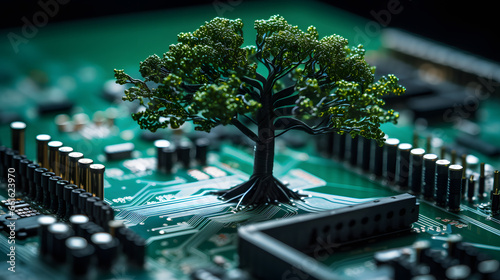 Green tree growing on computer motherboard. electronic circuit board, green computing, green technology. Ecological technological concept