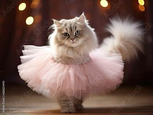Cute photograph of a fluffy cat wearing a ballet tutu skirt