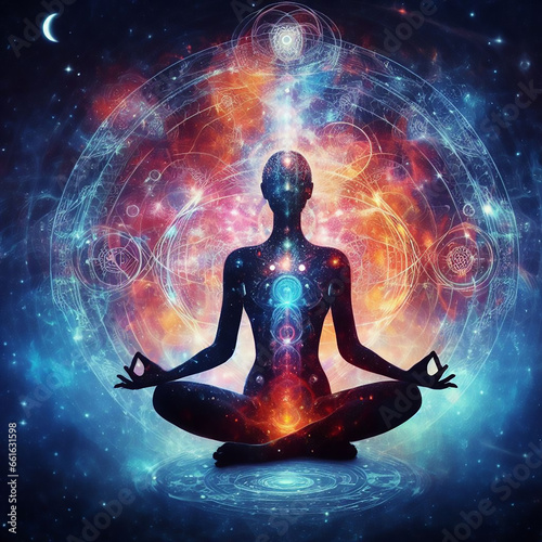 7 Chakras human body, Yoga meditation, aura, spiritual and Yin Yang symbols, balancing your life in nature concept.