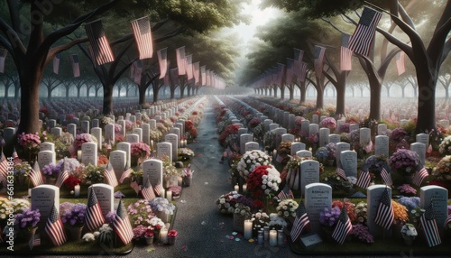 Flags and Flowers in Memory: Graveyard with tombstones decorated with USA flags