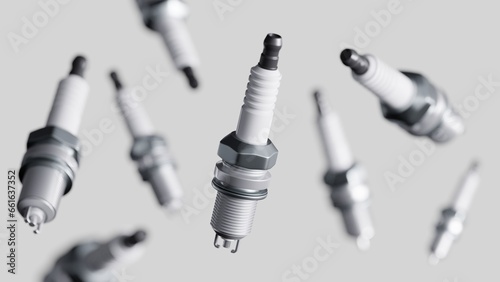 Depth of field render of the spark plugs with a selective focus. Ignition system concept. Ceramic spark for internal combustion engine. Air-fuel mixture ignition in the combustion chamber.