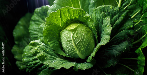 Fresh cabbage vegetables, with water drops over it, closeup macro detail banner. Generative AI