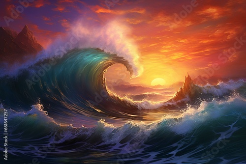 An artwork depicting a powerful ocean wave colliding with jagged rocks during the colorful sunset. Generative AI