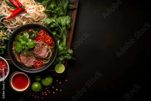 A sophisticated matte charcoal background with subtle texture, framing a delicious bowl of pho.