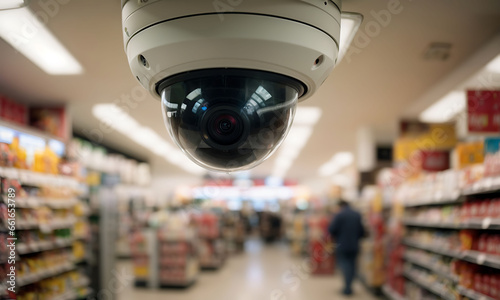 security camera mounted on the ceiling, actively surveilling an aisle in a convenience store, emphasizing the importance of safety and security 