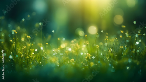 blurred greenery background with dew drops and sunny bokeh with copy space