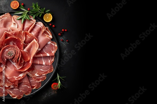 Italian cured meats on a black background viewed from the top with text space
