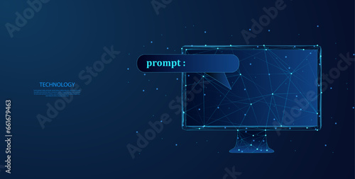 Abstract computer with artificial intelligence prompt bar on dark blue background. Low poly wireframe style technology background.