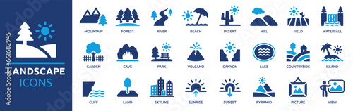 Landscape icon set. Containing mountain, forest, river, beach, desert, field, island, volcano, waterfall, and more. Vector solid symbol collection.