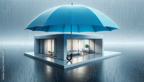 House covered with blue umbrella to protect it from rain and storm. Concept of home insurance. Ai generative