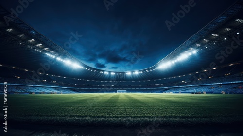 Vast soccer stadium, illuminated and awaiting action under the night sky