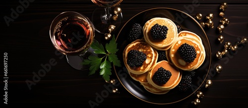 Top down view of mini pancakes champagne and black caviar With copyspace for text