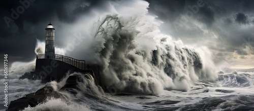 Storm brings powerful wave crash on breakwater at sea
