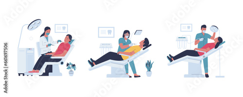 The dentist is checking the patient's teeth in a chair. Medicine dental concept. Flat vector style collection set