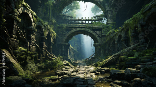 ancient ruins fantasy background. adventurer exploring dangerous and ancient ruins. ai generative