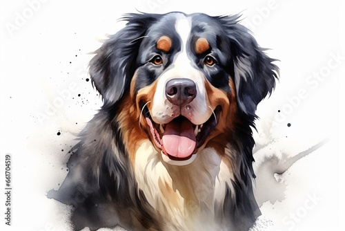 Generative AI : Bernese Mountain Dog watercolor portrait painting illustrated dog puppy isolated on white background