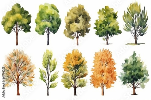 Generative AI : Hand drawn tree watercolor painting on white background.Illustration autumn tree.