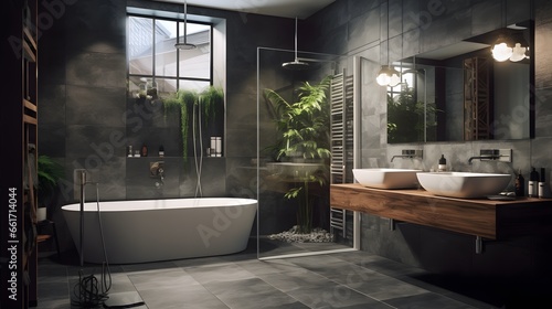 stylish bathroom interior modern bathroom modern tub and beautiful houseplants