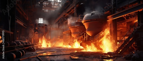 Steel-making furnaces at work in a large steel plant