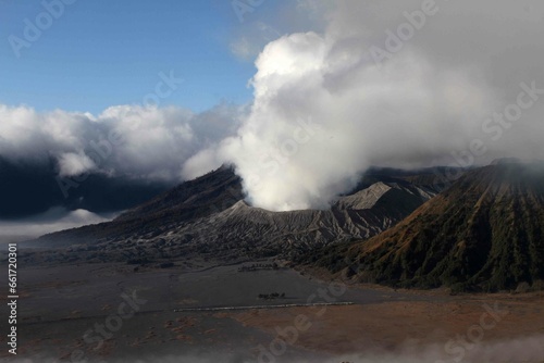 smoke from the volcano, bromo mountain