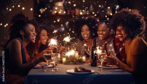 happy group of friends celebrating christmas and new year together at the festive table in the evening with a garland