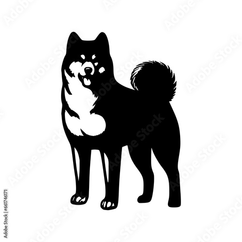 black and white illustration of an akita dog