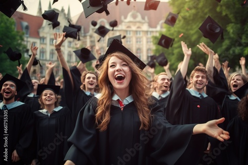 Caucasian Graduates celebrating with their graduation caps and certificates, laughing and cheering at the graduation ceremony