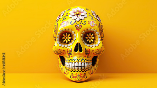A single sugar skull or Catrina on a light yellow background or wallpaper